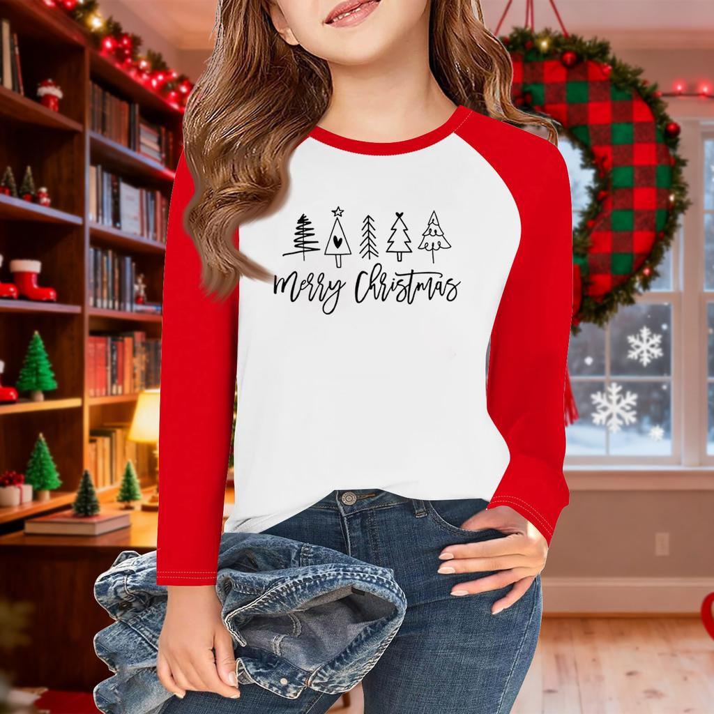 Girls Long Sleeve Christmas Day T Shirts Kids Fall Tops Crewneck Basic Tees 5-14Y