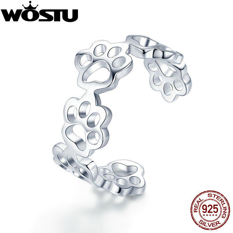 WOSTU Genuine 925 Sterling Silver Pawprint Paw Print Pet Finger Rings For Women Girl Cute Ring