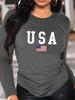 Women's Spring and Autumn 100% Polyester Comfortable Casual Fashion Long Sleeve American Flag Graphic Printed Round Neck T-shirt