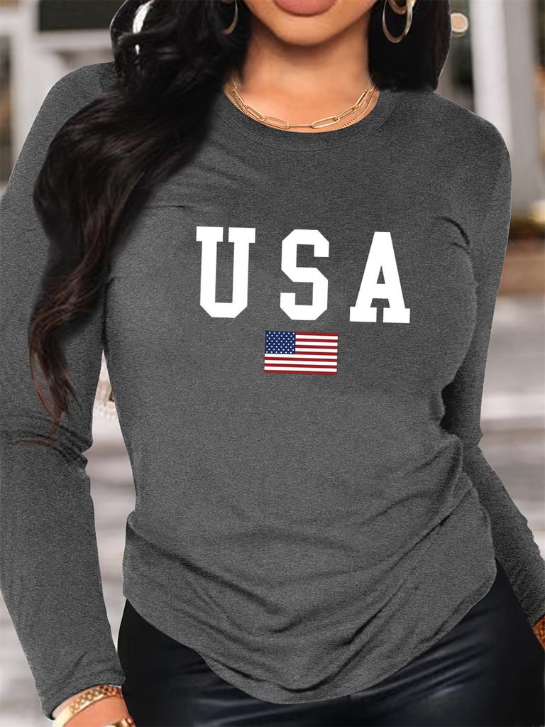 Women's Spring and Autumn 100% Polyester Comfortable Casual Fashion Long Sleeve American Flag Graphic Printed Round Neck T-shirt