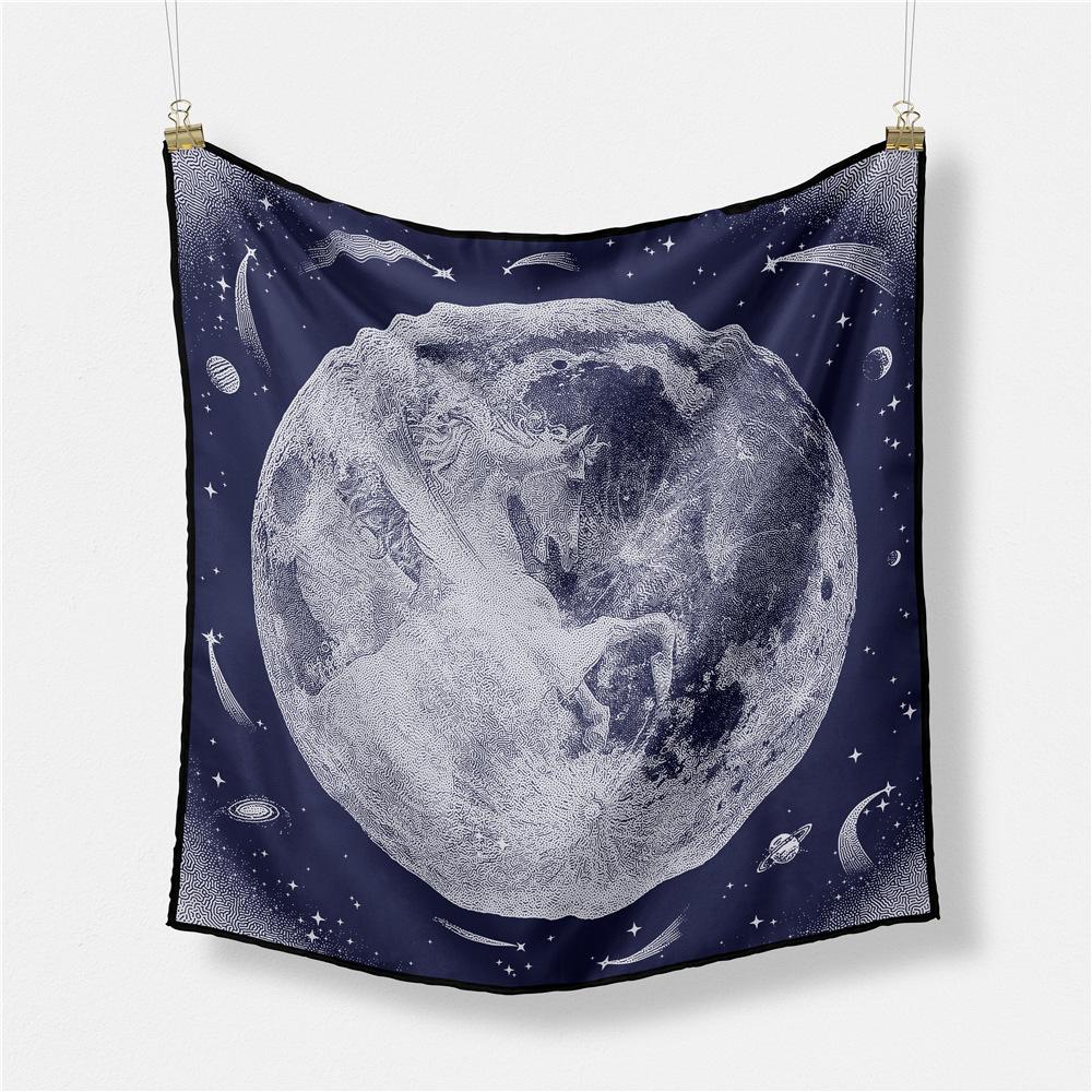 53CM Twill Silk Scarf Woman Planet Painting Square Scarves Wraps Bandana Small Hijab Silk Foulards Tie Headband Neckerchief