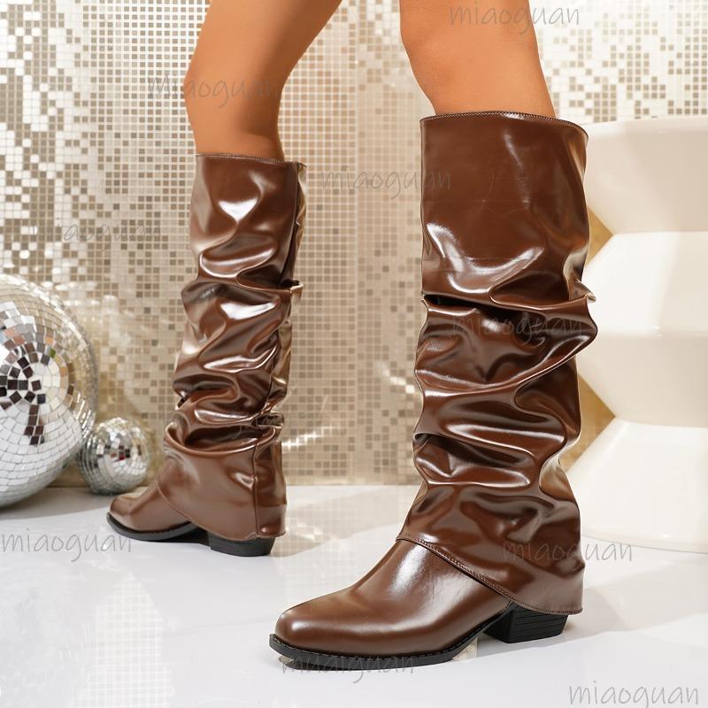 2026 Women's Fashion Pleated Boots Brown Knee-High Modern Black Long Boots Mid Heel Botas Mujer Size 36-43 Zapatos De Mujer