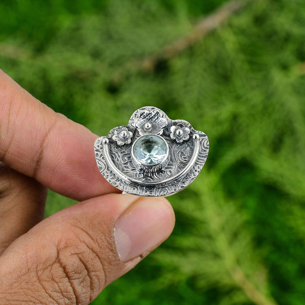 Swiss Blue Topaz Gemstone Birthday Flower Bezel Ring Jewelry 925 Sterling Silver