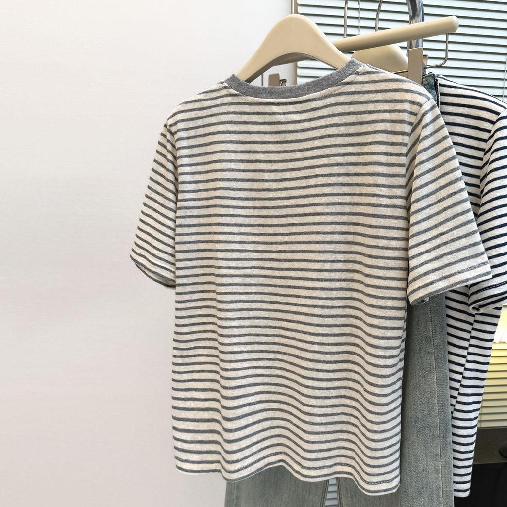 Korean Style Women's Niche Cartoon Embroidery Striped Half-Sleeve T-shirt