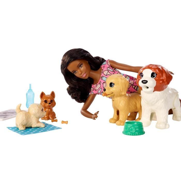 BARBIE Barbie brune et ses 4 chiens - 2 chiens à fonction et accessoires