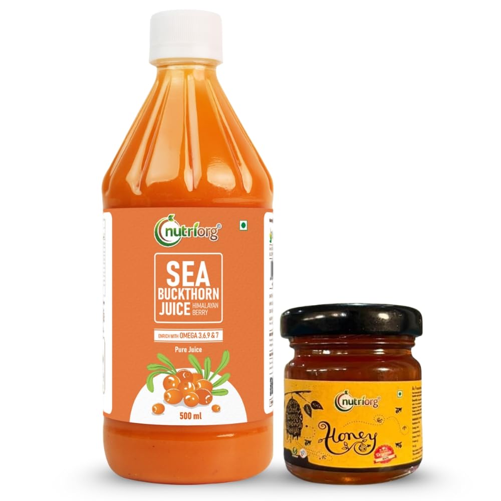 NutriOrg Pure Sea Buckthorn Juice 500 ml with 50gm honey | 100% Himalayan Berry Pulp | Omega 3,6,7,9 & Vitamin C | Best for Immunity & Antioxidan