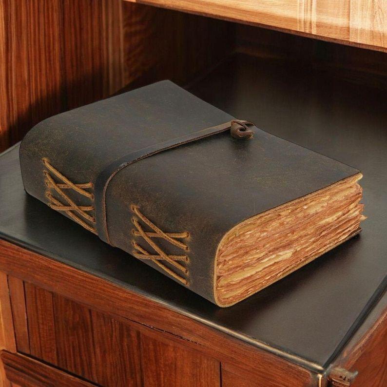 

Handmade Vintage leather Journal - Blank Spell Book of Shadows, Grimoire Journal, Travel Writing Notebook, Deckle Edge Paper Lock Closure 7 x 5 in