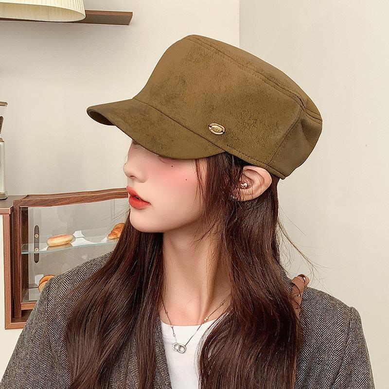 Retro Pleated Suede Flat-top Equestrian Hat for Women In Autumn and Winter Newsboy Hat Versatile Face Showing Small Duck Tongue Beret