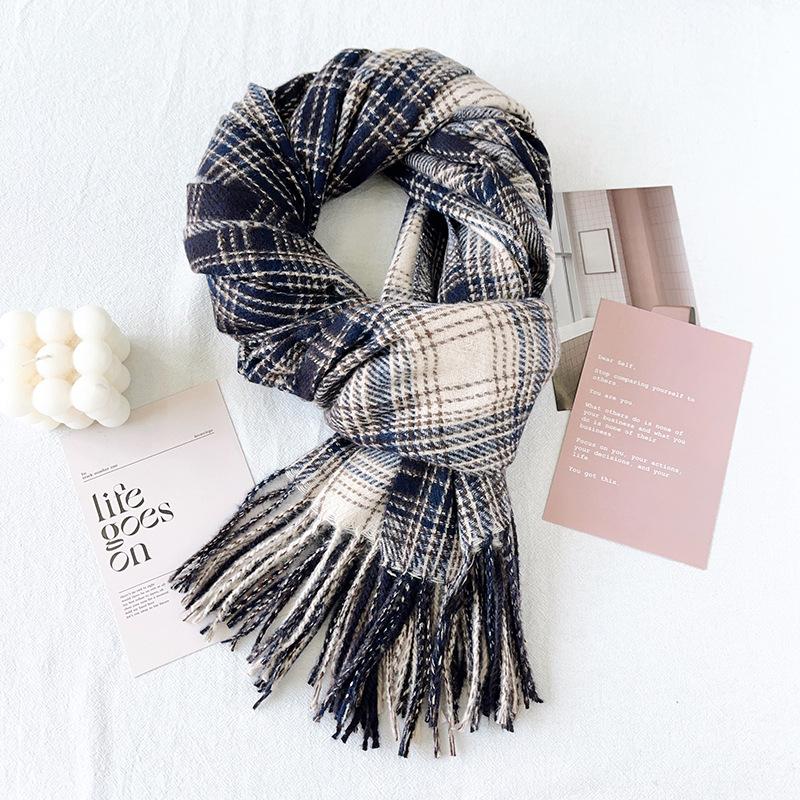 Women Vintage Plaid Thick Warm Long Winter Imitated Cashmere Neck Scarf