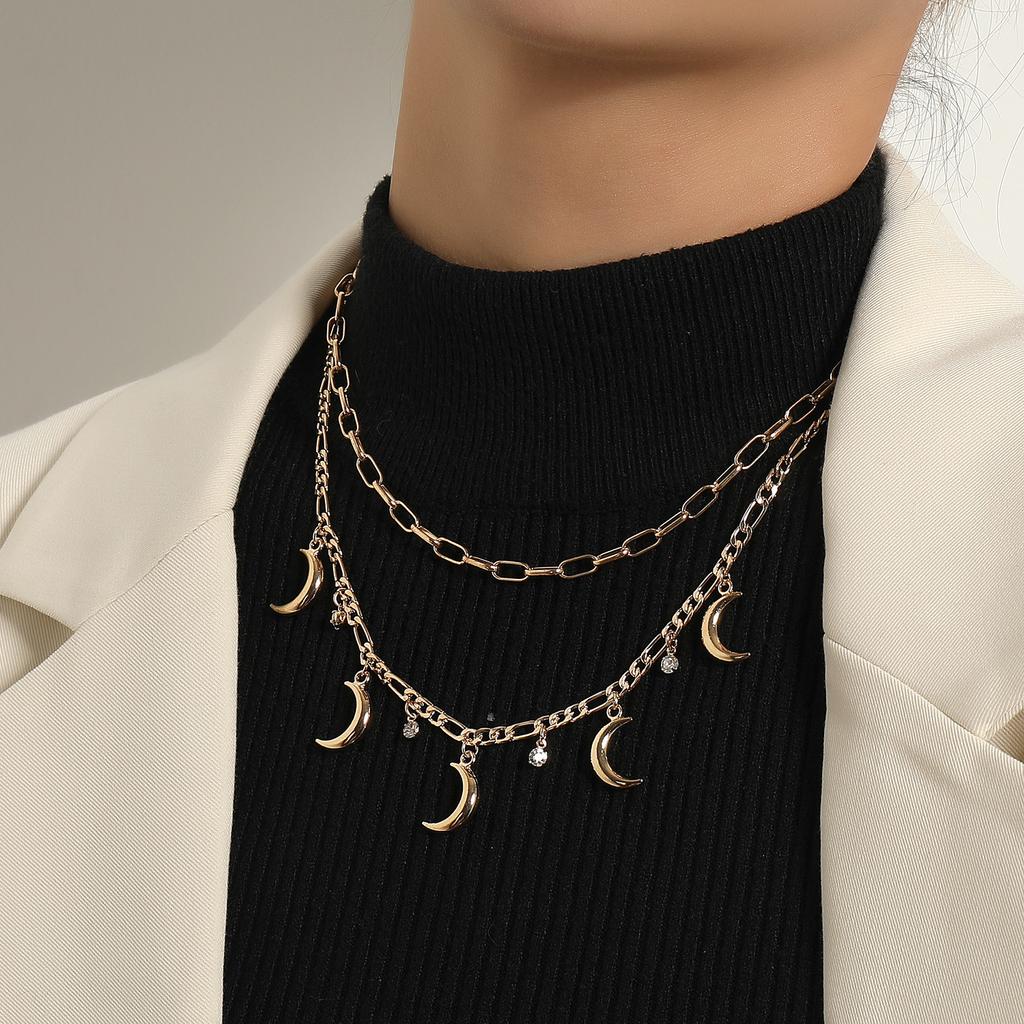 Europe, America, Geometric Metal Crescent Rhinestone Pendant Necklace Women's Fashion Trendy Multi-layer Sweater Necklace