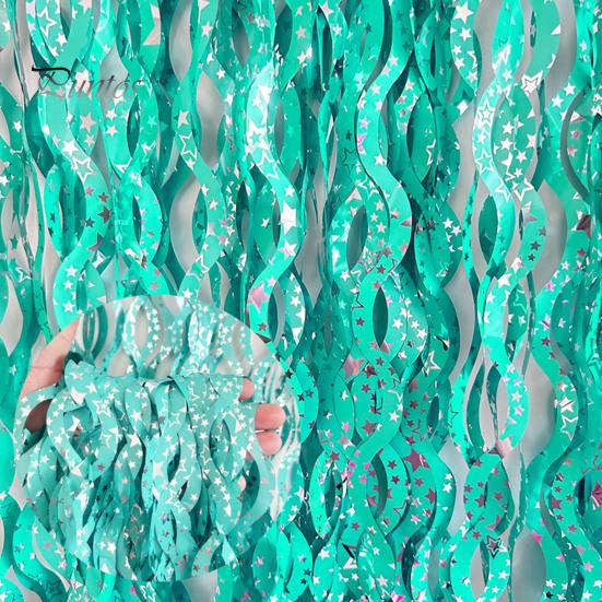 3Pcs Wavy Tinsel Foil Fringe Rain Curtain Star Print Wave Shape Rain Curtain Photo Booth Props Mermaid Birthday Party Decorations