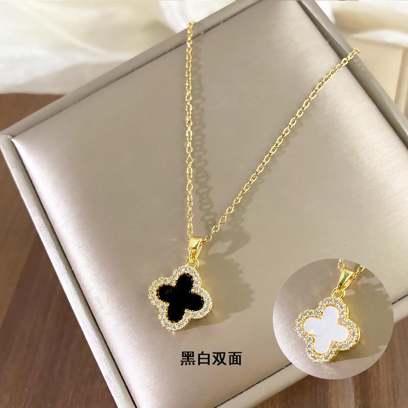 Titanium Steel Four-leaf Clover Full Diamond Necklace Women's Double-sided Design Flower Pendant High