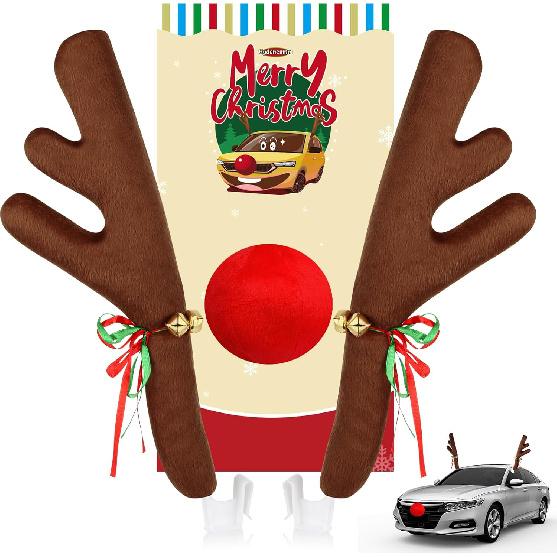 Car Reindeer Antler Kit Nose, Car Reindeer Antlers Christmas For Car Window Roof-Top & Front Grille, Auto Reindeer Antler And Nose Kit Decoration Set