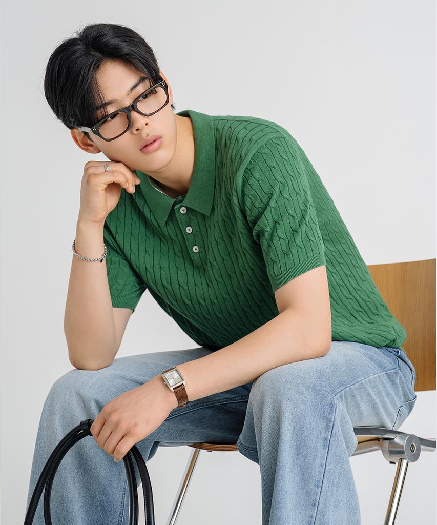 LEMAIN SECOND Oversized Washable Collared Cable Short Sleeve Knit [Green]