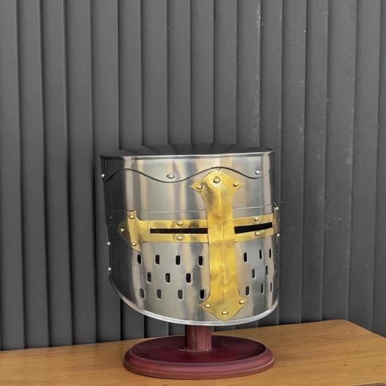 Crusader Knight Helmet with Stand Polished Steel Brass, Wearable Armor Home Office Decor Gift