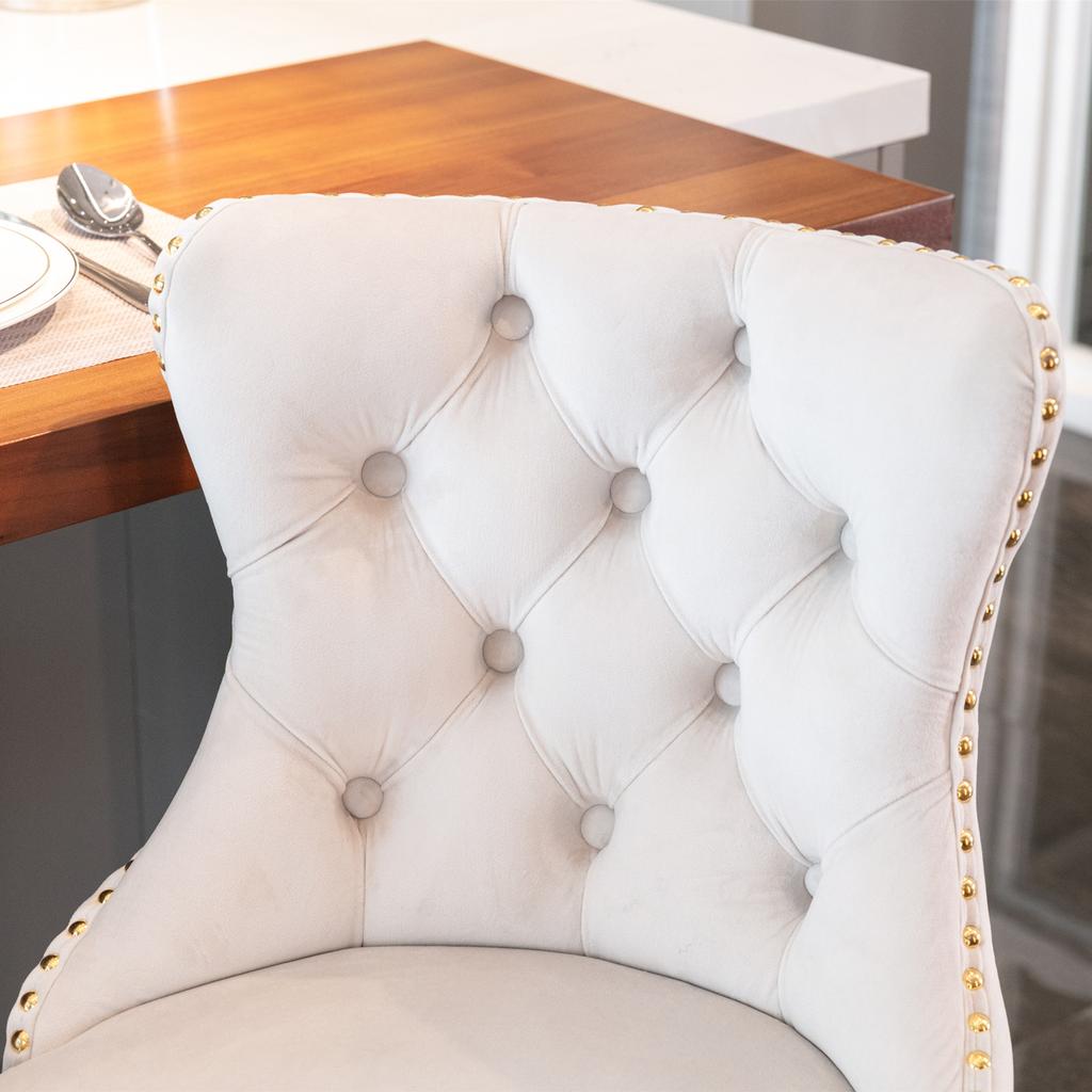 Velvet Swivel Bar Stools, Height 25-33 Inches, Tufted Button Back, Gold Nailhead Trim, Gold Base, for Kitchen Island Home Pub Cafe, Beige, DE1912BG