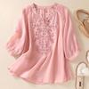 New Shirt T-shirt Solid Color Literary Retro Embroidery Loose V-neck Pullover Top