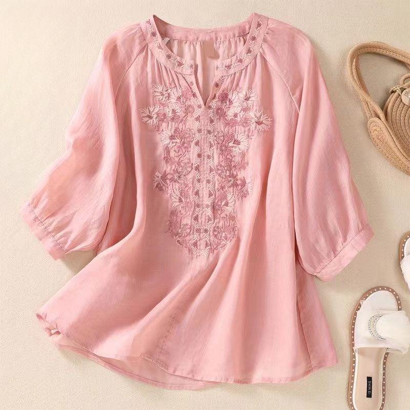 New Shirt T-shirt Solid Color Literary Retro Embroidery Loose V-neck Pullover Top