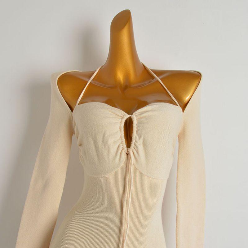 Fashion Style Sexy Low Cut Halterneck Knitting Dress Women's Tight Waist Thin over the Knee off-Shoulder Spaghetti Straps Long Skirt