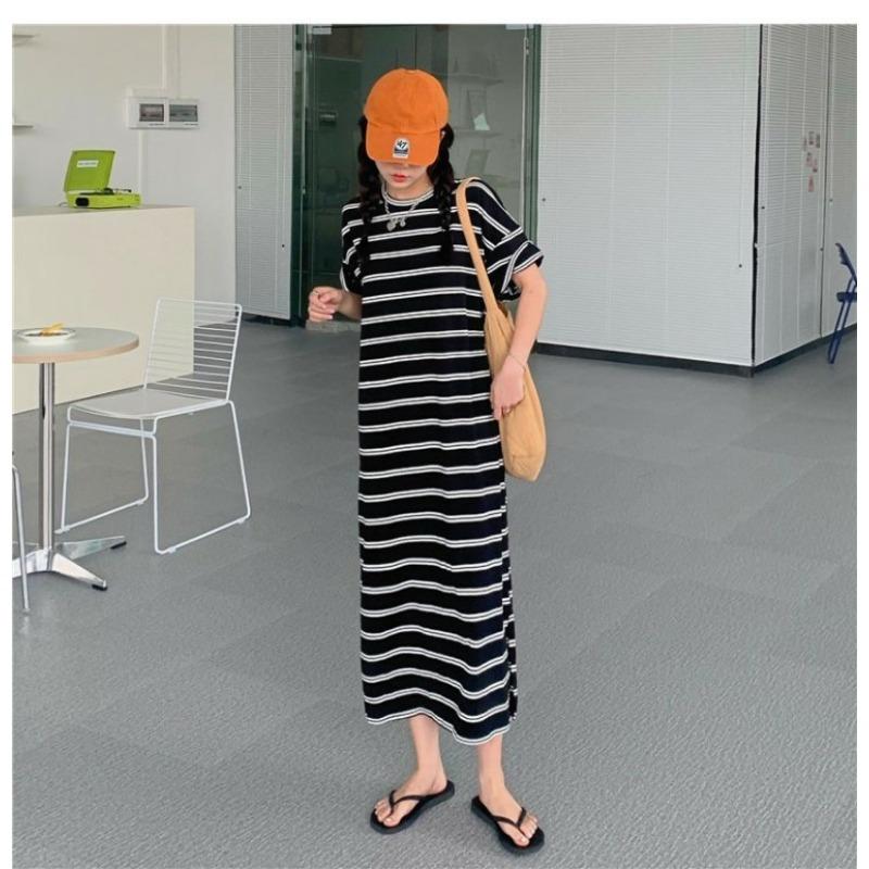 YYFS Women's Fashion Summer Spring Stripe Print 1/2 Sleeves O-Neck Loose Waistline Casual Dresses