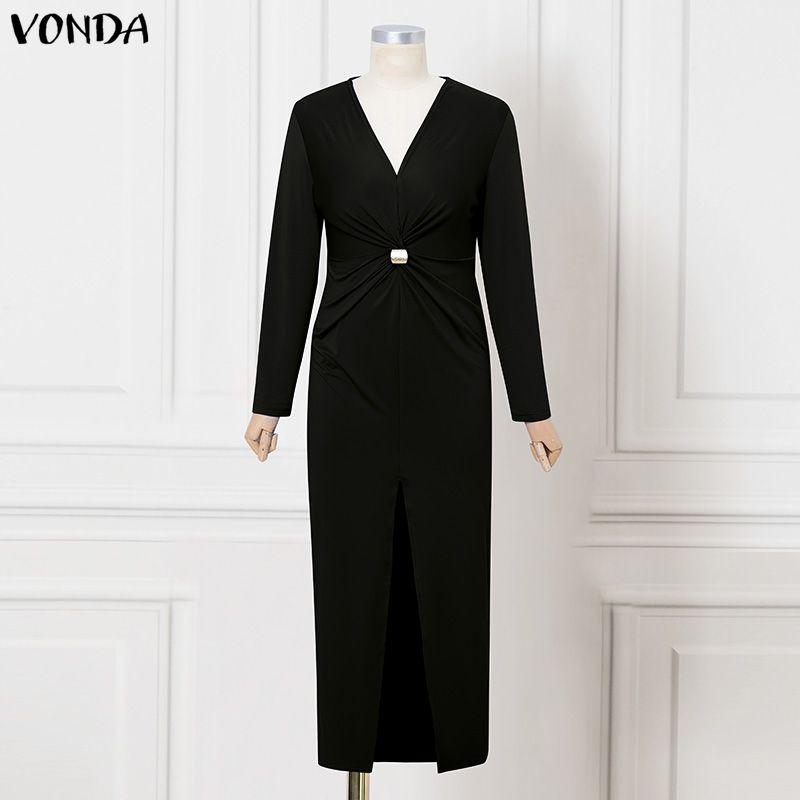 VONDA Women V Neck Long Sleeve Twisted Waist Solid Color High Splits Party Long Dress