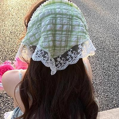 Green Plaid Triangle Scarf Headbands Girls Summer Simple Sweet Hair Bands Headwarp Fashion Party Dinner Hair Accessories