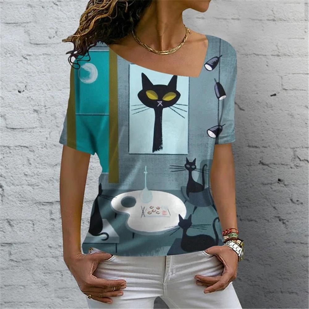 Kreslená kočka Digitální 3D tisk Dámské tričko Krátký rukáv Léto Ležérní Šikmý límec Personalizované Žena Dámské topy Oblečení