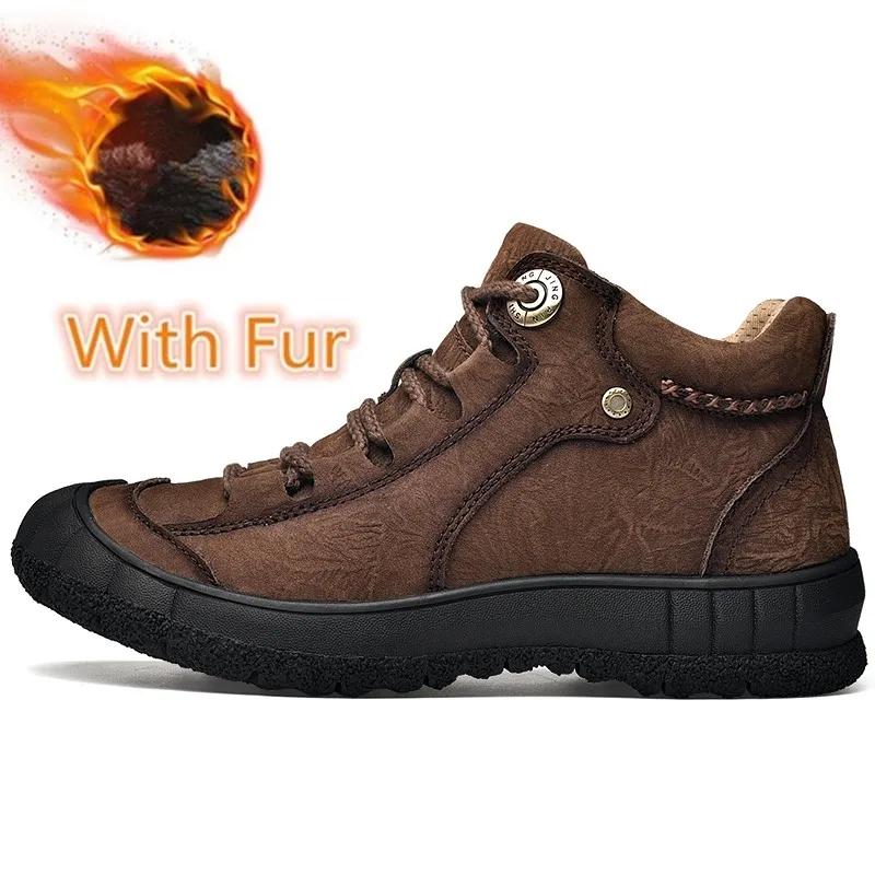 Fashion Men's Winter Boots Outdoor Warm Snow Shoes Men Casual Genuine Leather Sneakers 2024 Luxury Male Hiking Shoes Man Ankle Tooling