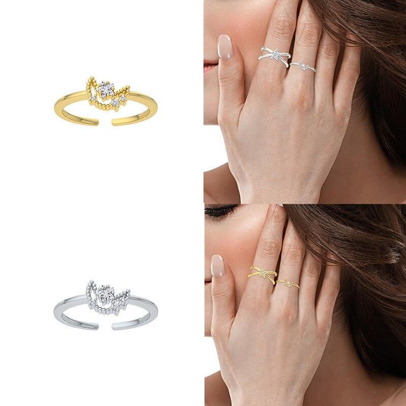 Sterling Silver Sweet Double Layer Star Moon Opening Ring For Women Finger Ring Engagement Wedding Jewelry Wholesale
