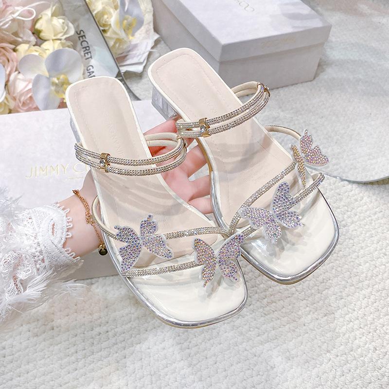 

Тапочки-босоножки с толстым каблуком и кристаллами в виде бабочки, комплект из двух носков, новинка лета 2025 года, интернет-знаменитости, мода, стиль феи 35 бежевый