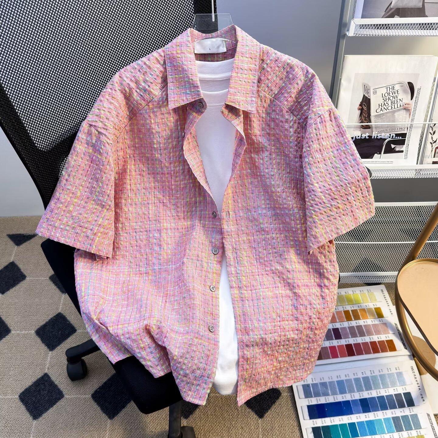 Short Sleeve Plaid Shirt Men s American Retro High Street Fashion Ruffian Handsome Loose Casual Plaid ShirtStylish Loose Fit Checkered Shirt M
