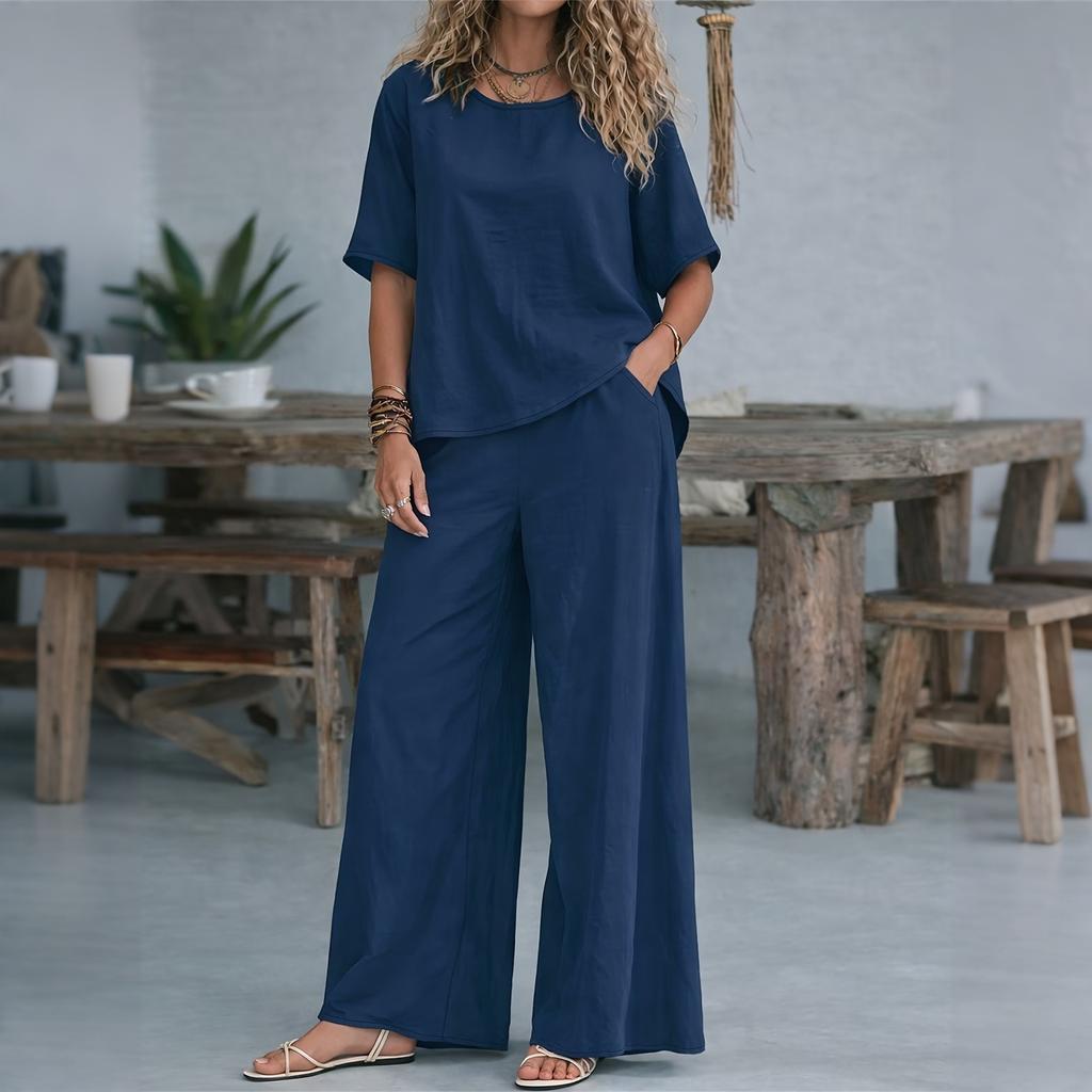 Women's Two Piece Casual Lounge Set Short Sleeve Loose Top Wide Leg Pants Lightweight Soft Fabric Comfortable Fit Summer Outfit