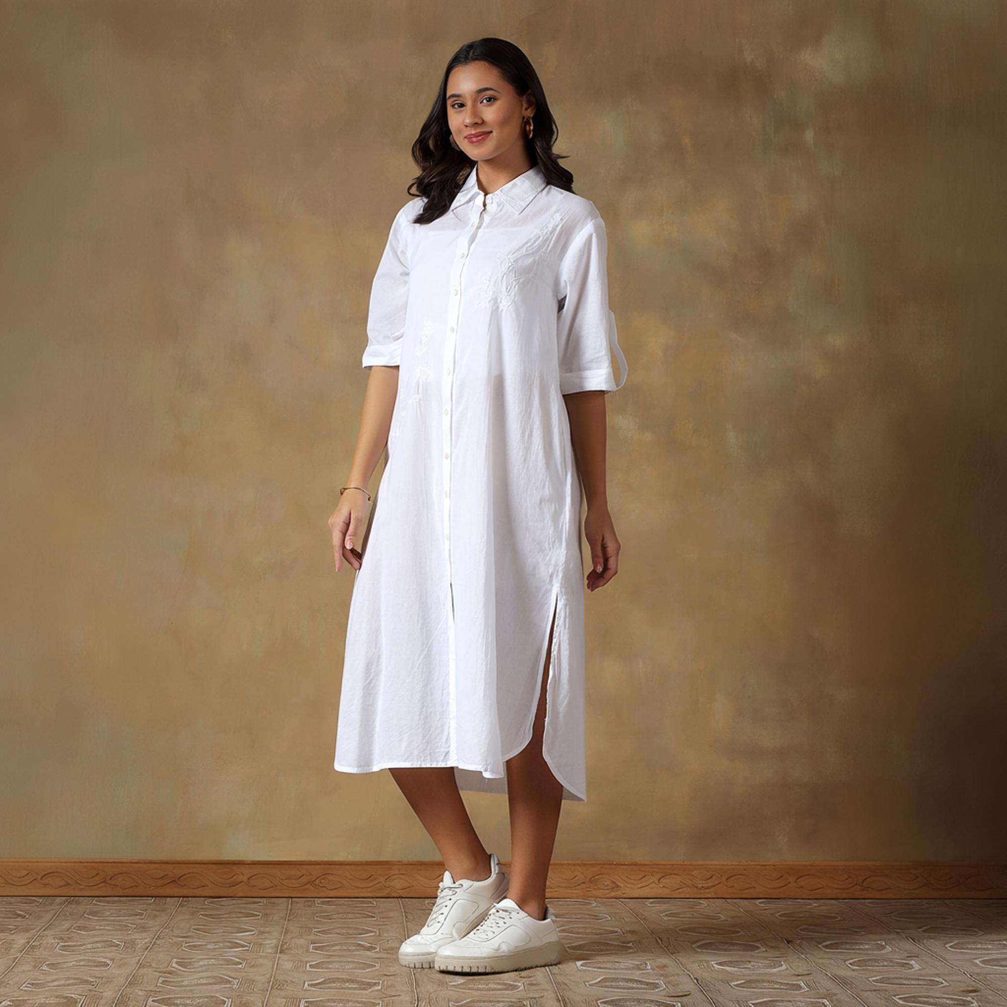 White Cotton Chikankari Straight Fit Shirt Maxi Dress S белый