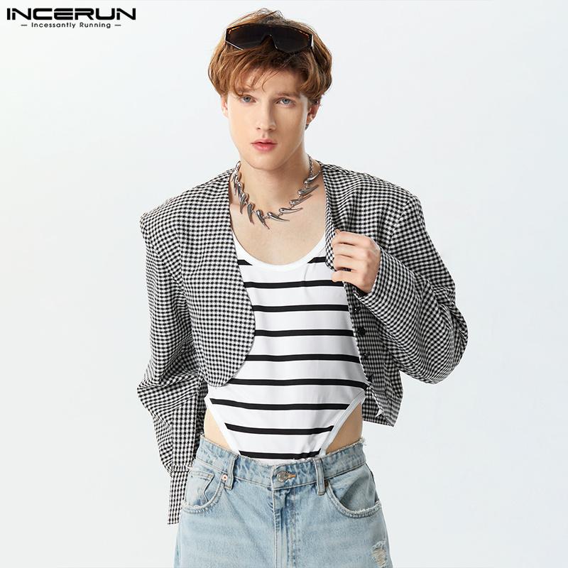 

INCERUN Мужские короткие пиджаки с длинными рукавами и клетчатым узором нерегулярной формы