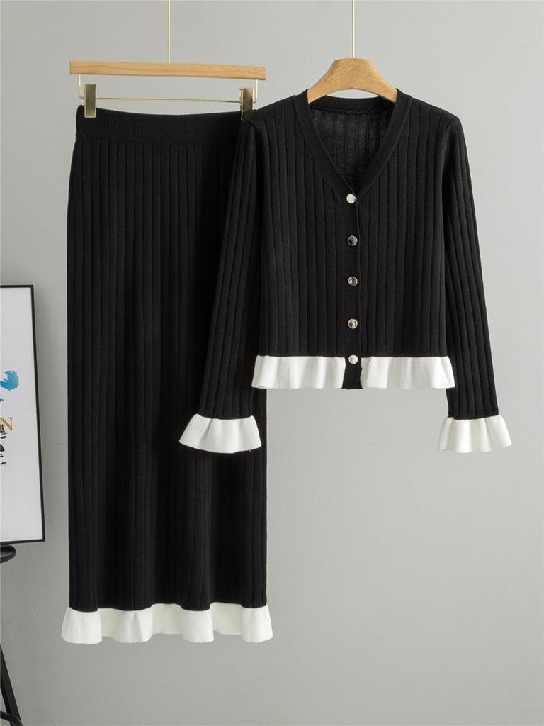 Europäisches Strick-Cardigan- und Rock-Set für Damen - Glockenärmel, Frühling-Herbst, Koreanischer Stil