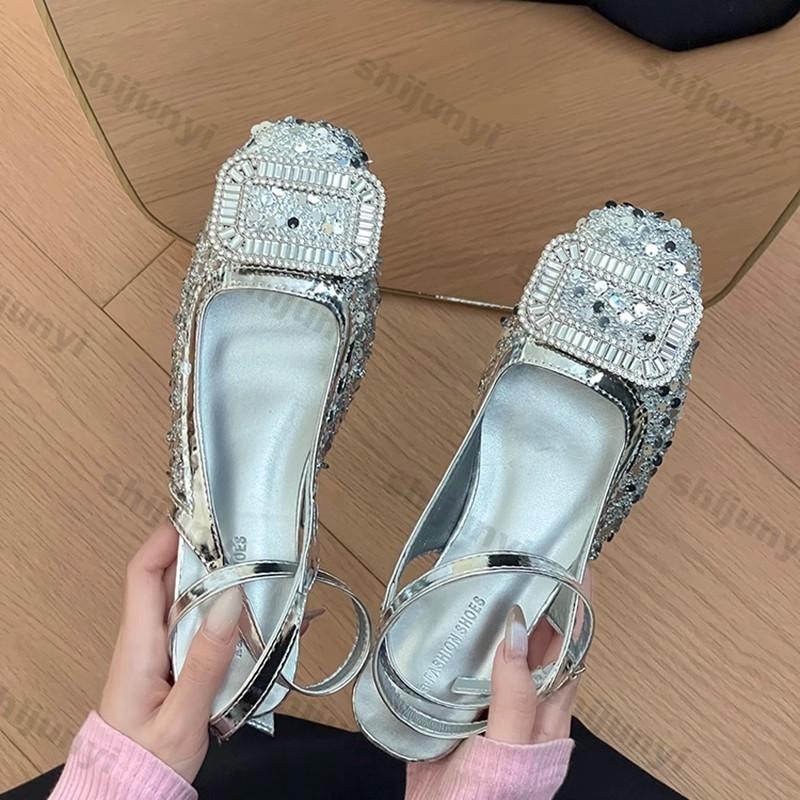Women Summer Shoes 2025 Summer Rhinestone Round Toe Smedium Heel Sandals Non Slip Buckle Strap Dress Style Women Shoes