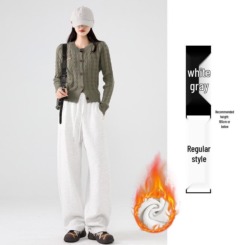 Pantalones de chándal grises de pierna ancha de cintura alta adelgazantes estilo americano para mujer - Primavera Engrosados con Felpa Ajuste Petite