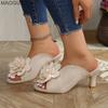 Fashion Floral High Heel Sandals for Women Peep Toe Slip-on Modern Slippers Beige Size 36-43 Sandalias De Mujer Ladies Shoes