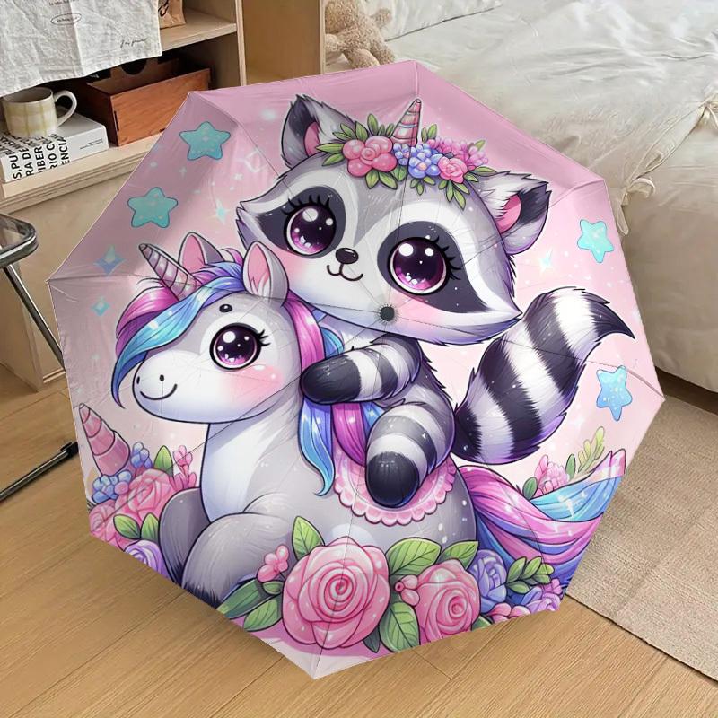 1pc Raccoon Unicorn Floral Fantasy Umbrella with Plastic Handle,Suitable for All Seasons Home Travel Outdoor UmbrellaDD761