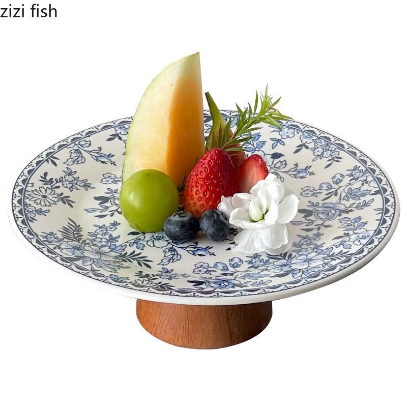 Blue and White Dessert Plate High Footed Fruit Plate Cake Stand Pastry Plates Refreshments Tray Bread Plates Dim Sum Dish Bowl