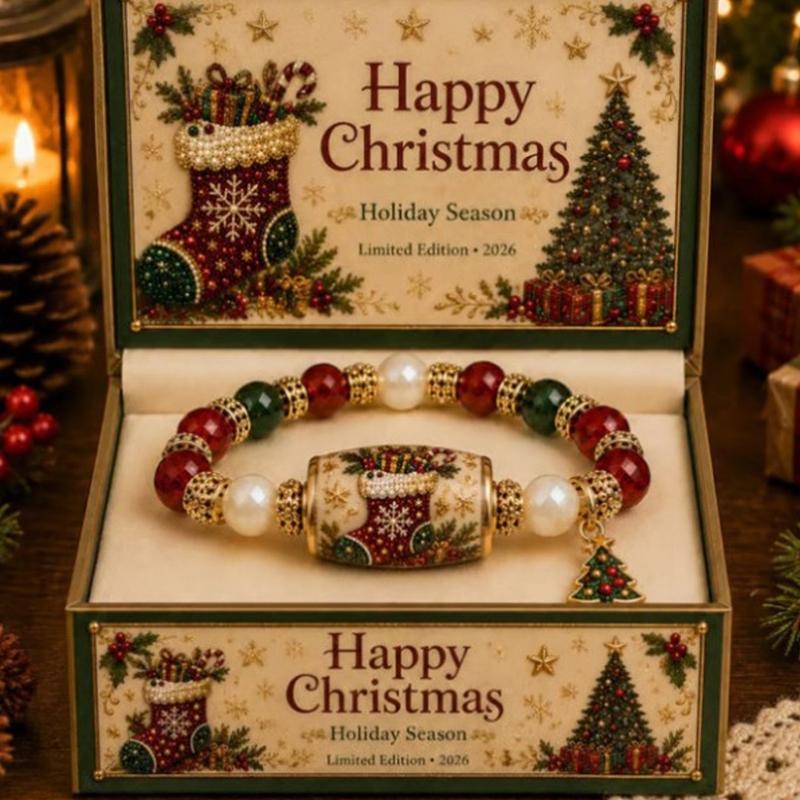 Festive Stretch Bead Bracelet for Christmas Outfits, Holiday Charm Bangle with Tree Detail and Easy Slip-On Wear