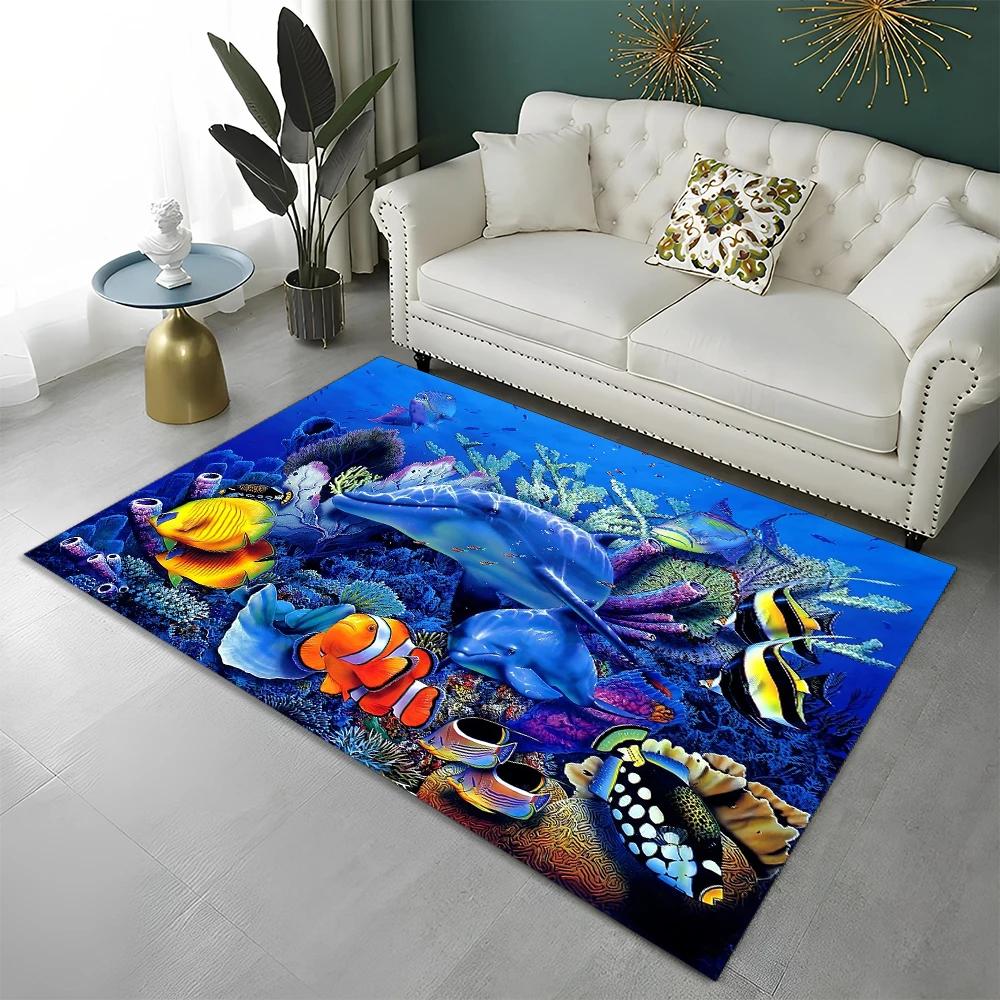 3D Underwater World Seabed Fish Carpet Rug for Home Living Room Bedroom Sofa Doormat Decor,kids Play Area Rug Non-slip Floor Mat