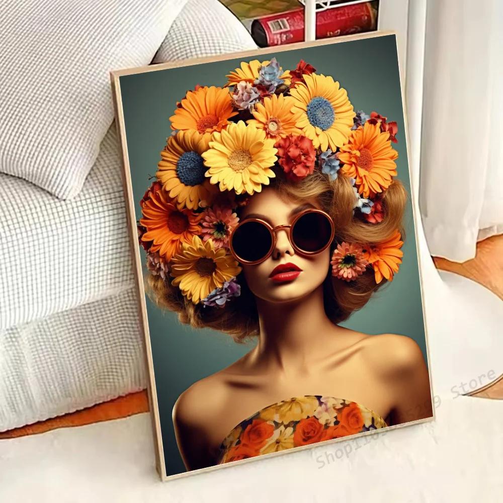 Nordic Bohemian Glasses Woman with Flowers Canvas Poster Bird Woman Portrait Wall Art Prints for Living Room Bedroom Home Decor