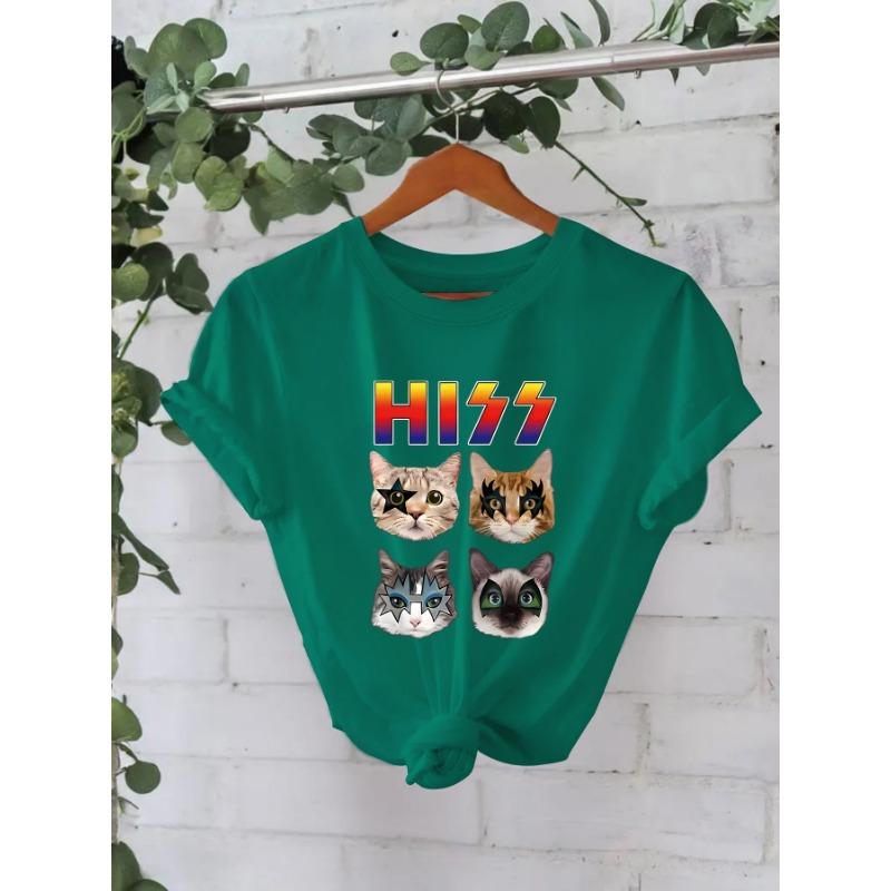 

Футболка из хлопка, летняя, с коротким рукавом, круглым вырезом, с принтом в виде кошки, женская XXXL