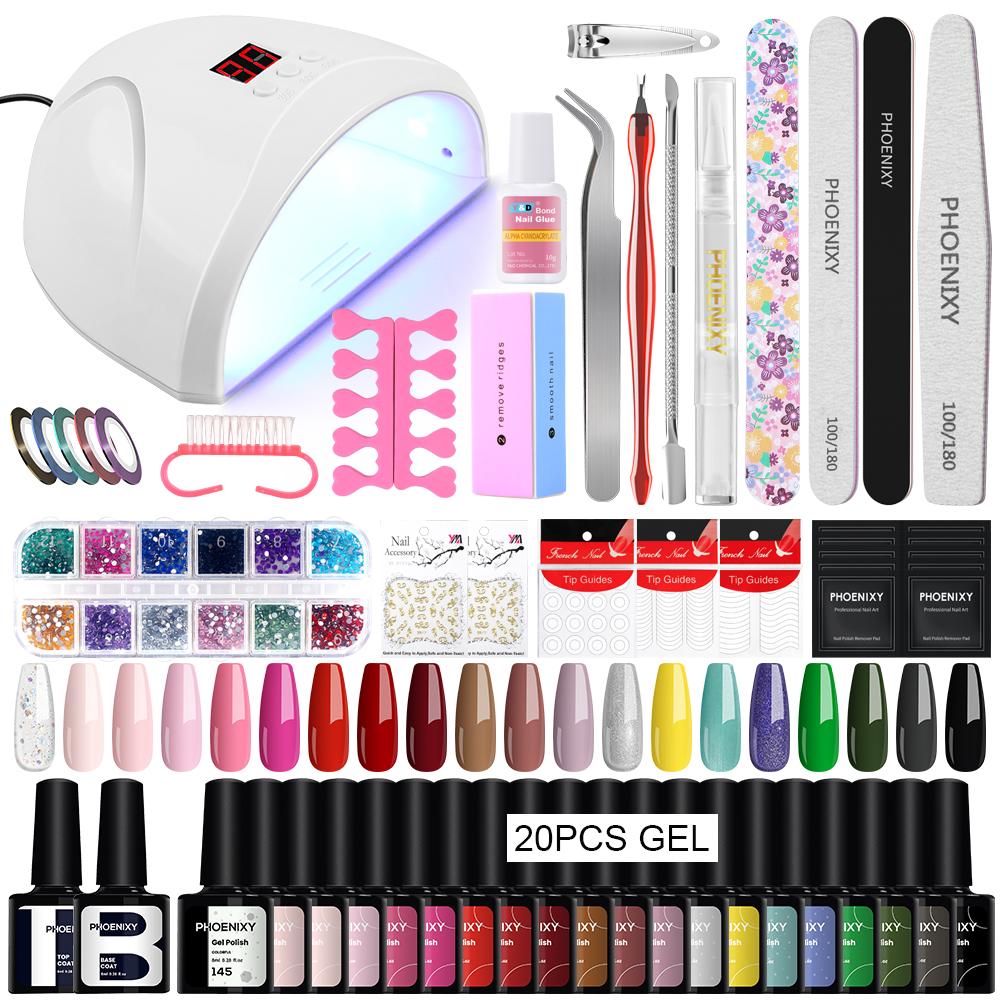 PHOENIXY 20 Colors & Base Top Coat Set Gel Nail Polish Kit with 36W LED Light Gel Varnish UV LED Nail Lamp Manicure Tools Popular Nail Art Designs