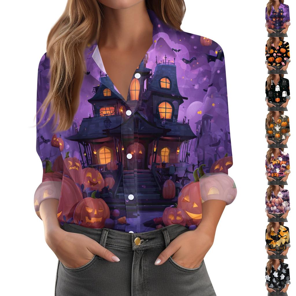 Women's Halloween Printed Casual Half-Open Collar Long Sleeve Shirt