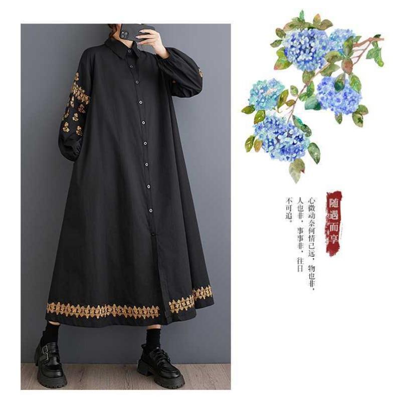 Loose Plus Size Splicing Casual Simple Embroidery Sweet Long Sleeve Dresses