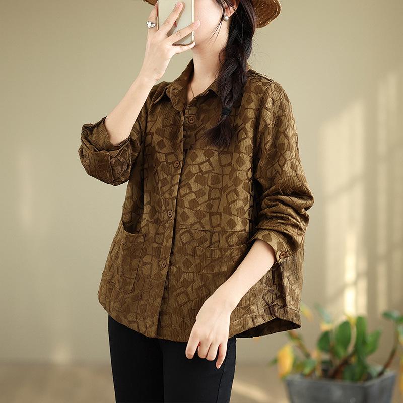 2026 Casual Loose Jacquard Long Sleeve Women s Top - Stylish Spring/Autumn Plus Size Outerwear 2XL верблюд