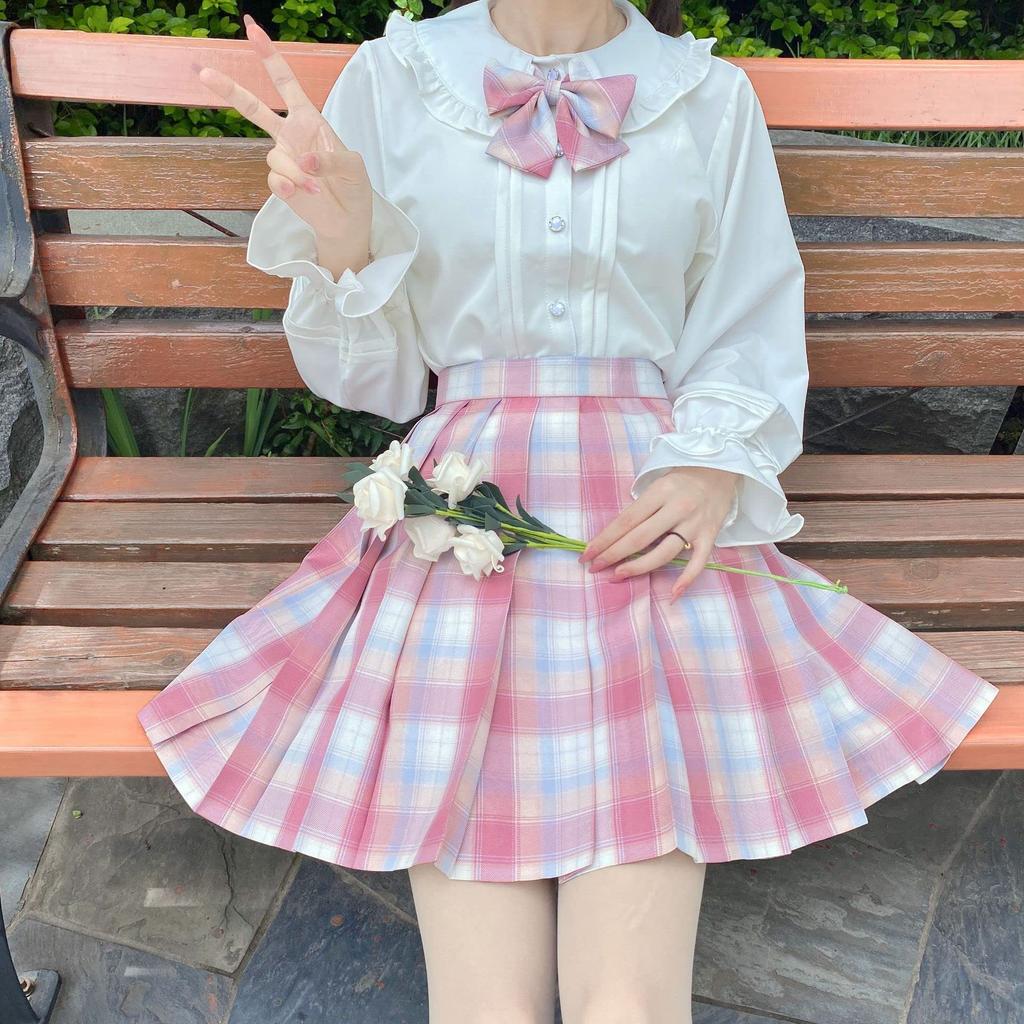 Markenloses Damen Cosplay Mode Outfit, Größe XL, Rosa Anime Rundkragen Chiffonbluse und Rock mit Schleife