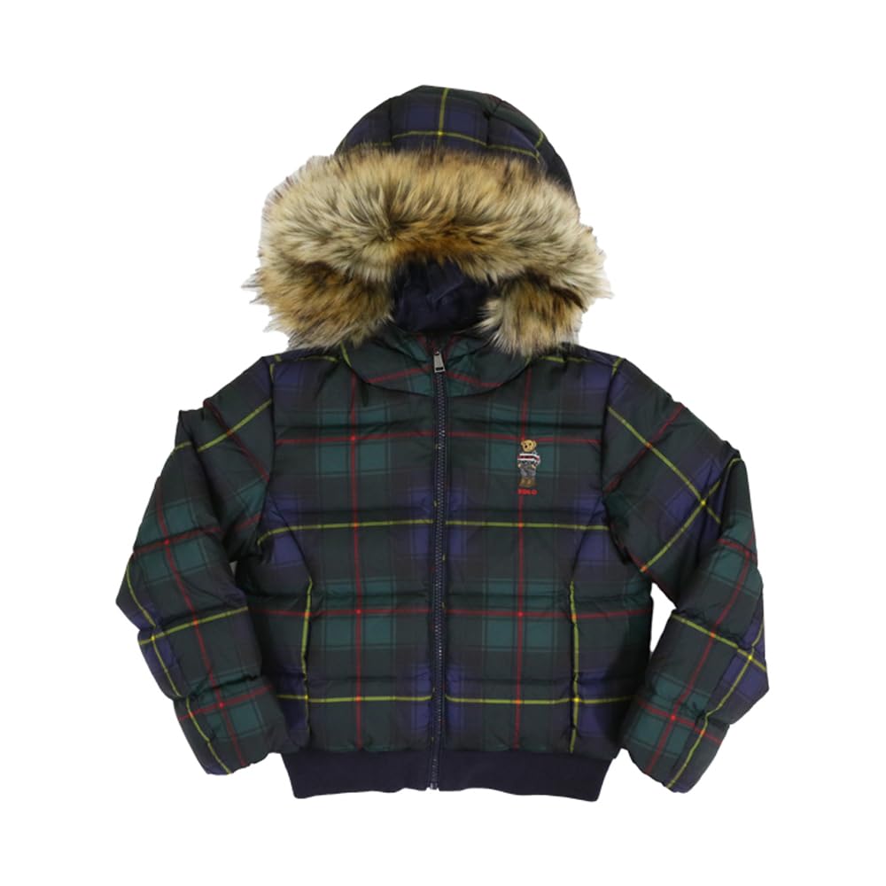 POLO RALPH LAUREN Kids Girls’ Hooded Down Jacket, Polo Bear Embroidery, Tartan Plaid Print, Multi-Color, Size 6X (01010023)
